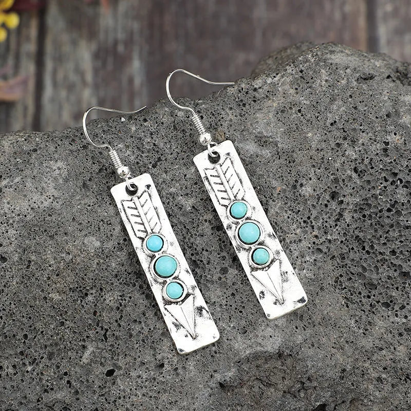 Silver geometric long strip earrings with turquoise stone inlays on zinc alloy base