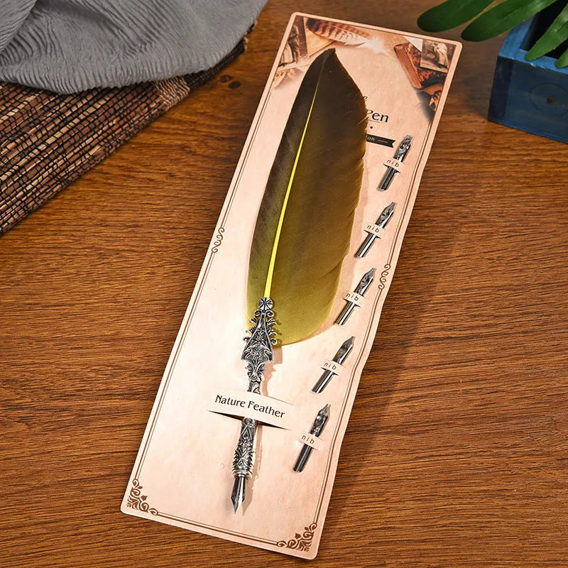 European retro vintage feather pen with zinc alloy shell in various colours measuring 30x13x4 cm
