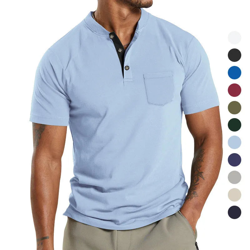 Men's plus size short sleeve button pocket shirt in solid colour polyester fabric.