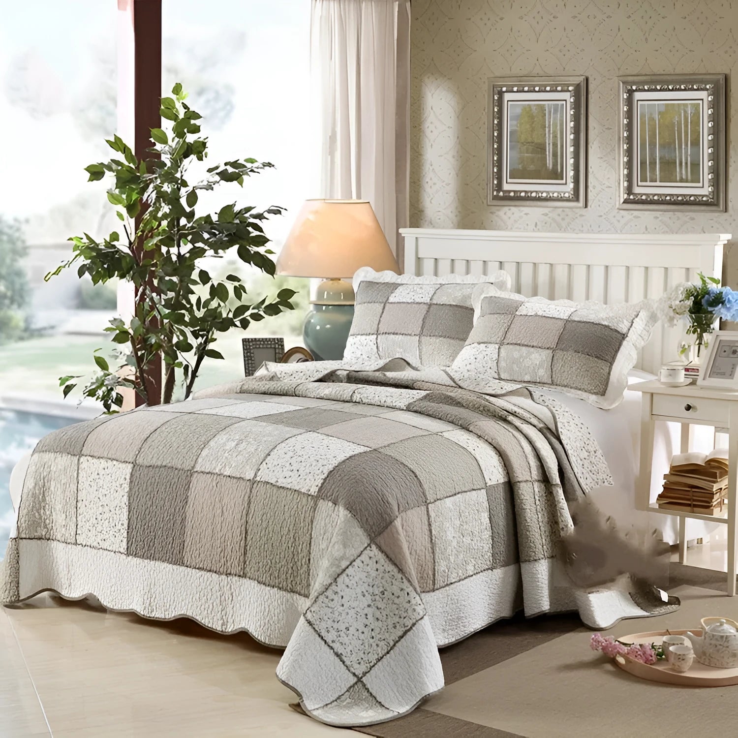 Pure cotton Korean style bedspread set with quilted texture on a bed, showing non-slip cover and matching pillowcases.