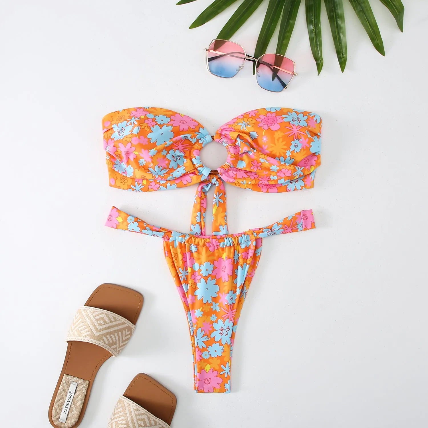 Women's floral print ring bikini swimsuit set with tube top and briefs in multiple colour options