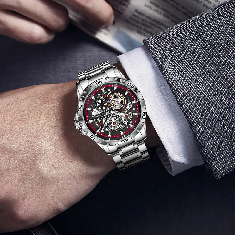 Men's automatic mechanical watch with hollow-out design showing movement and luminous markers on stainless steel strap