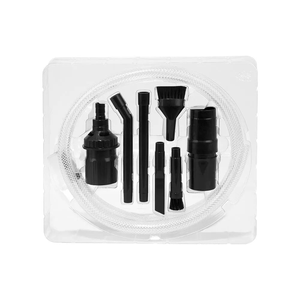 Eight-piece vacuum cleaner accessory set with small suction heads for detailed cleaning