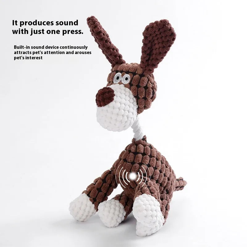 Bite-resistant plush puppy toy showing donkey, rechargeable duck, elephant, and dog styles