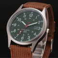 Men's military-style fabric band watch with calendar display and black face