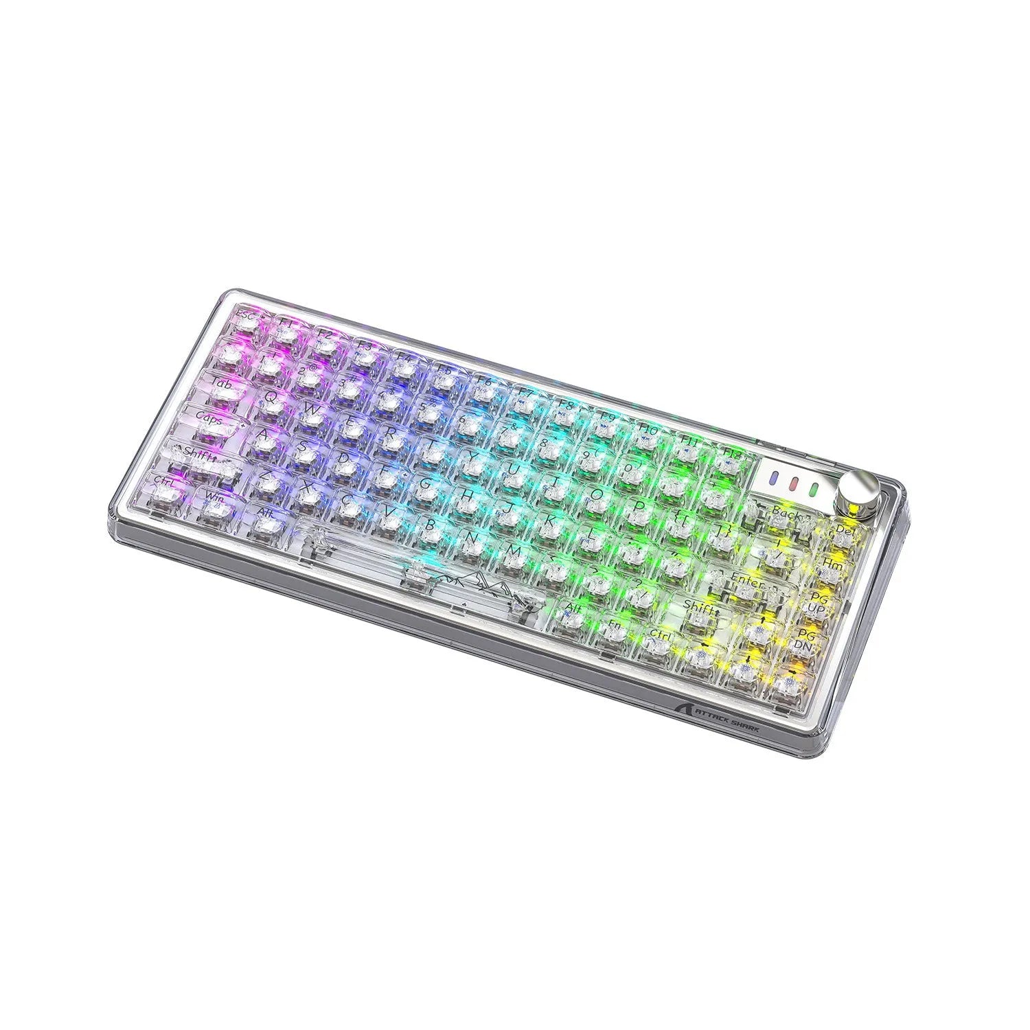 Attack Shark K75RGB wireless mechanical keyboard with transparent case showing internal components