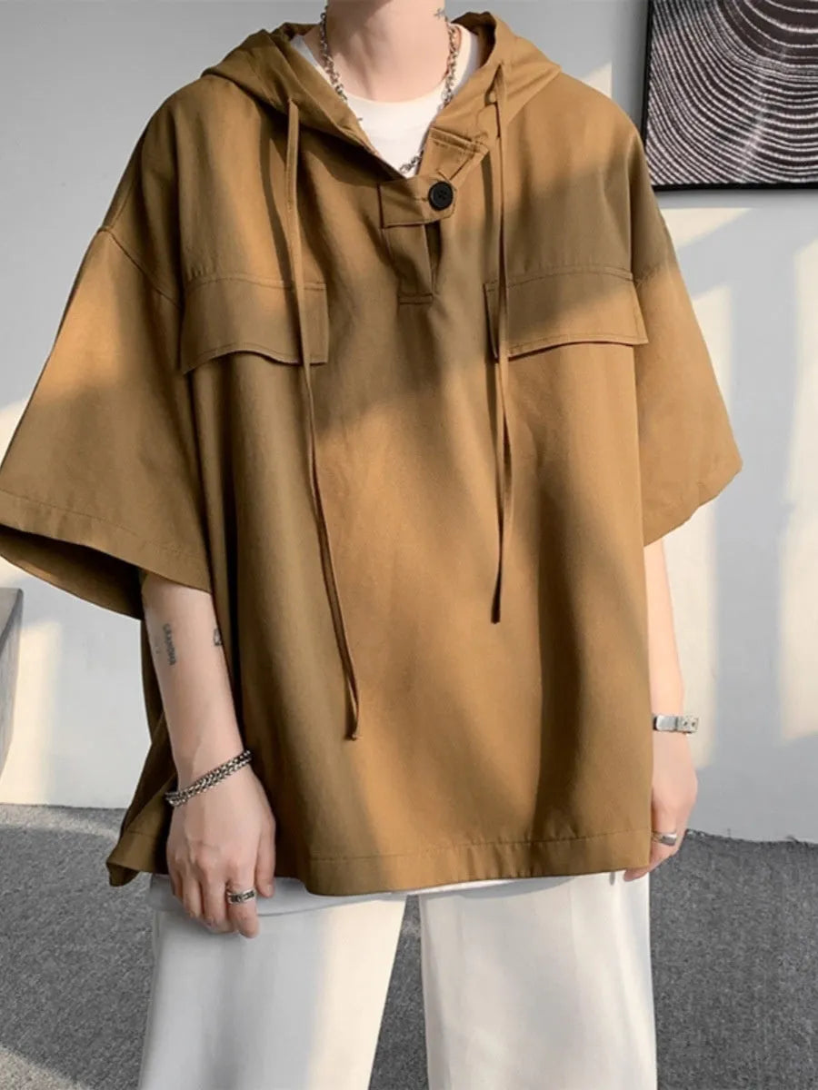 Men's hooded short-sleeve summer t-shirt in polyester loose fit