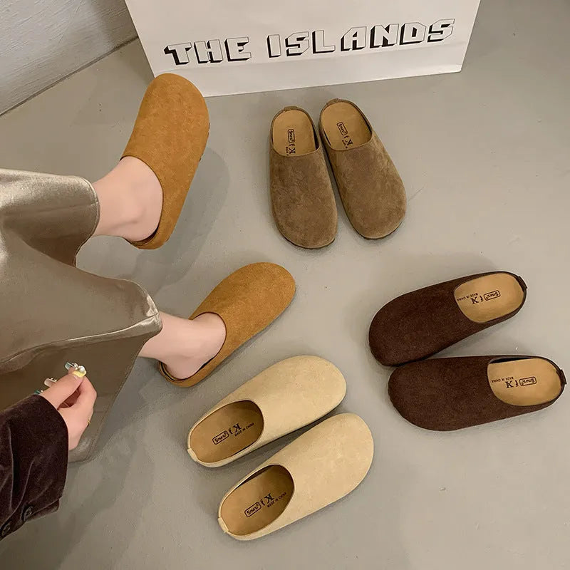Soft flat slip-on slippers in apricot colour with square toe and microfibre upper.