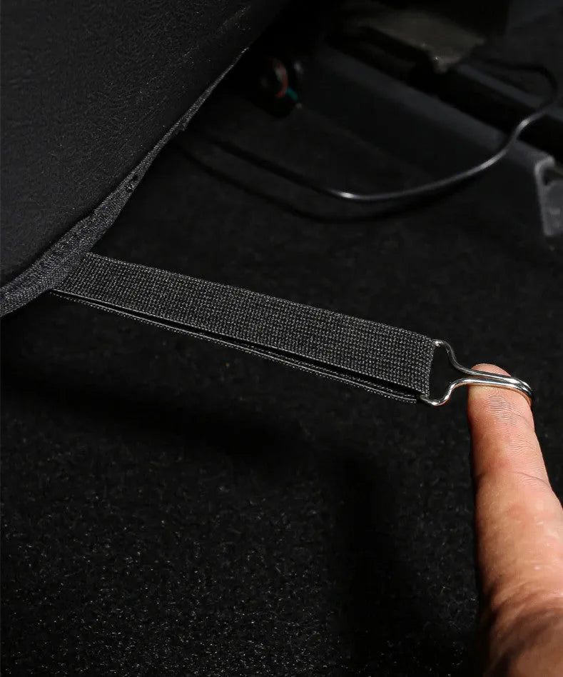 Black leather motorcycle anti kick pad set for seat protection, shown with dimensions.