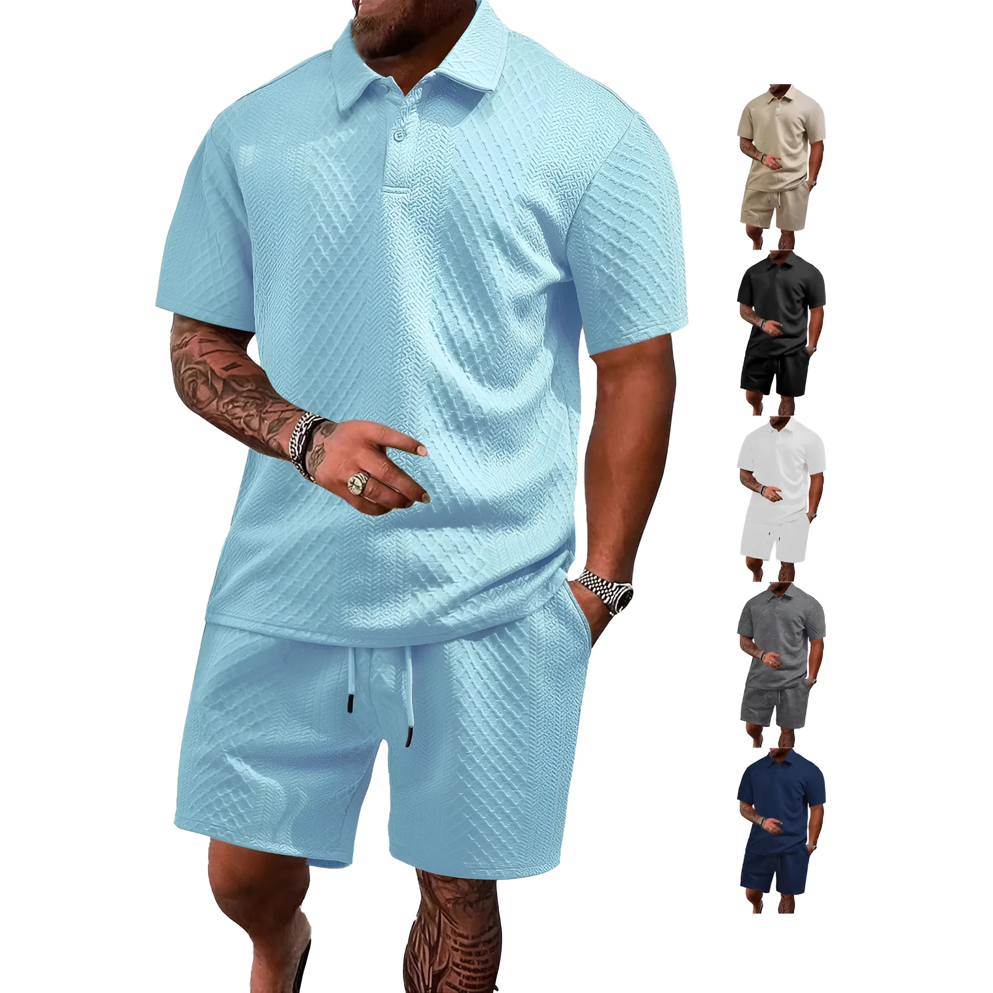 Men's patterned cloth casual suit set featuring a short sleeve polo shirt and trousers on a hanger.