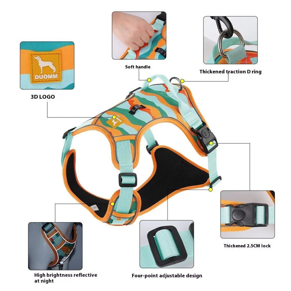 Reflective dog harness with hand-holding rope in oxford cloth fabric showing army green colour option