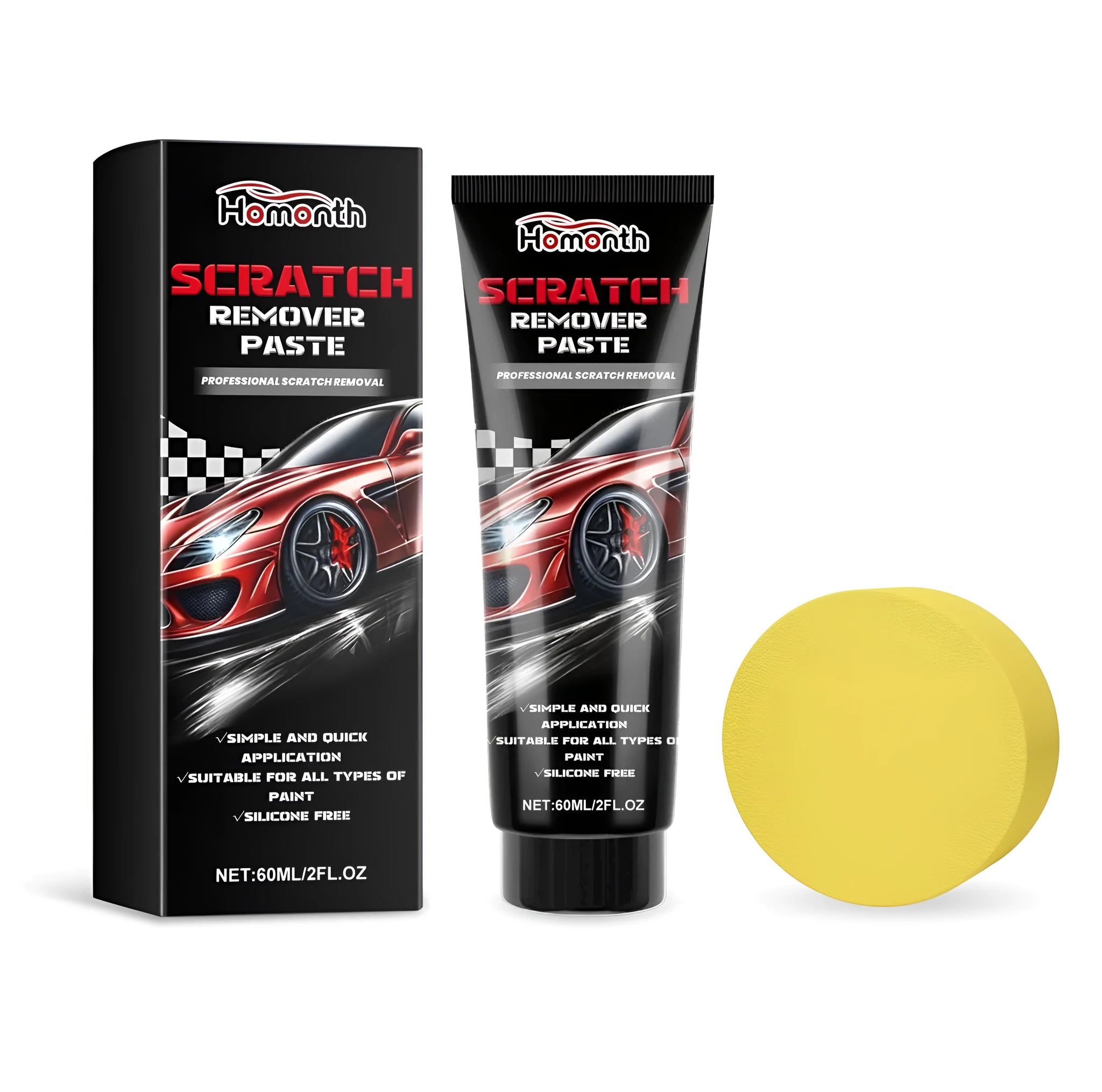 Scratch remover paste bottle and sponge applicator on a work surface