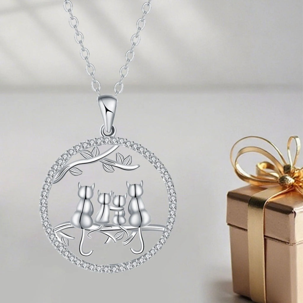 Four kitten pendant necklace for women with copper chain and electroplated finish