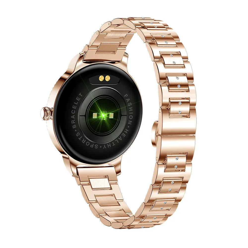 AK38 ladies smart watch with stainless steel Milanese strap and gold finish on wrist.