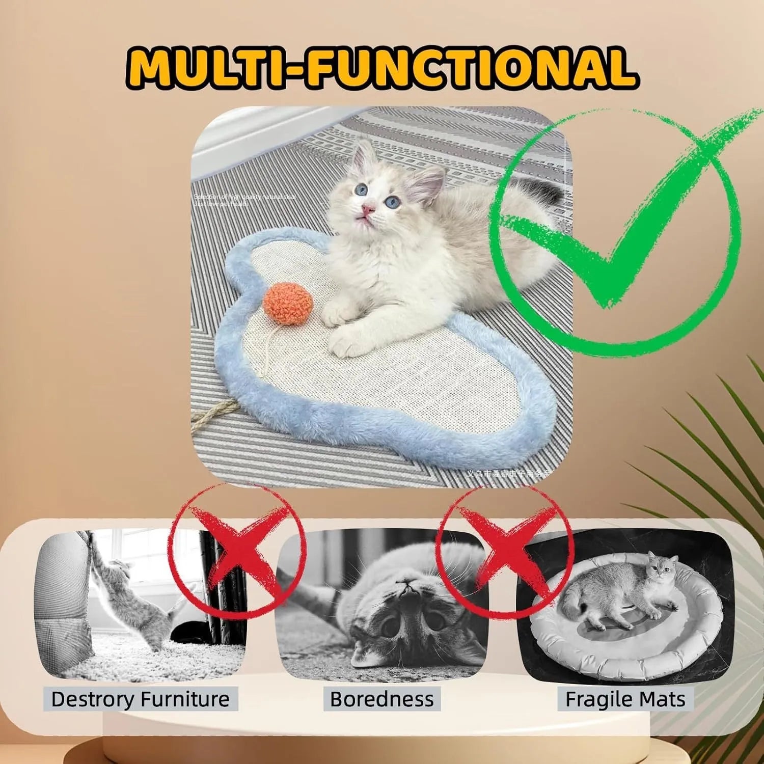 White wall-mounted cat scratching mat with sleeping cat cartoon design made from natural sisal