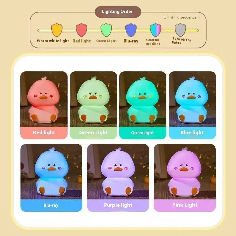 Creative cute bedside happy duck small night lamp with seven colour changing LED light in a cartoon animal shape