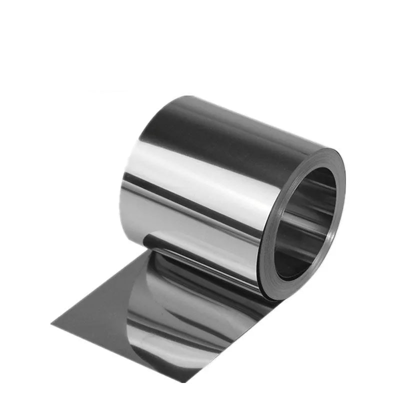 Close-up of a roll of thin 304 stainless steel sheet with a brown leather backing, showing measurements.