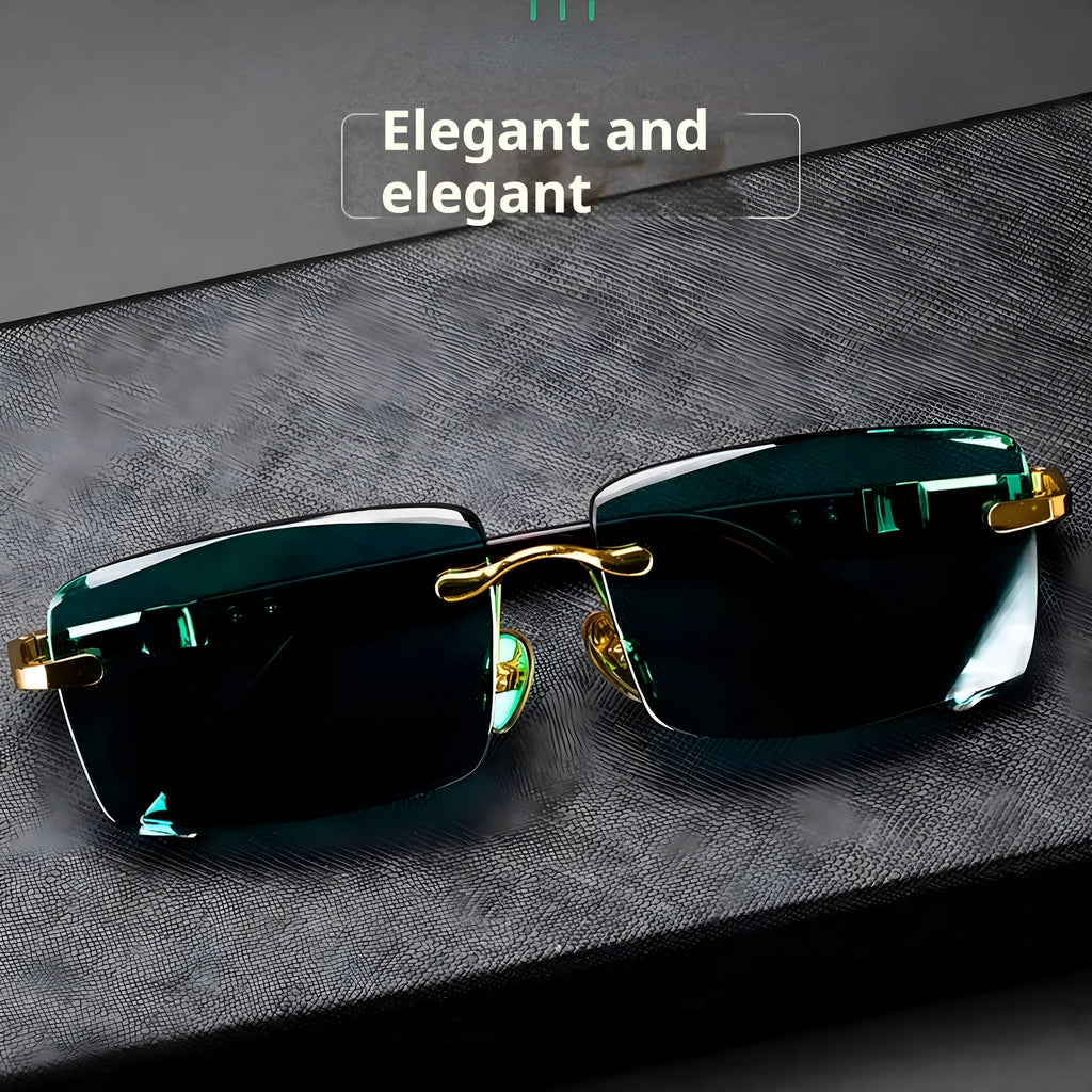 Dark green frameless crystal sunglasses with a glasses case and lens cloth.