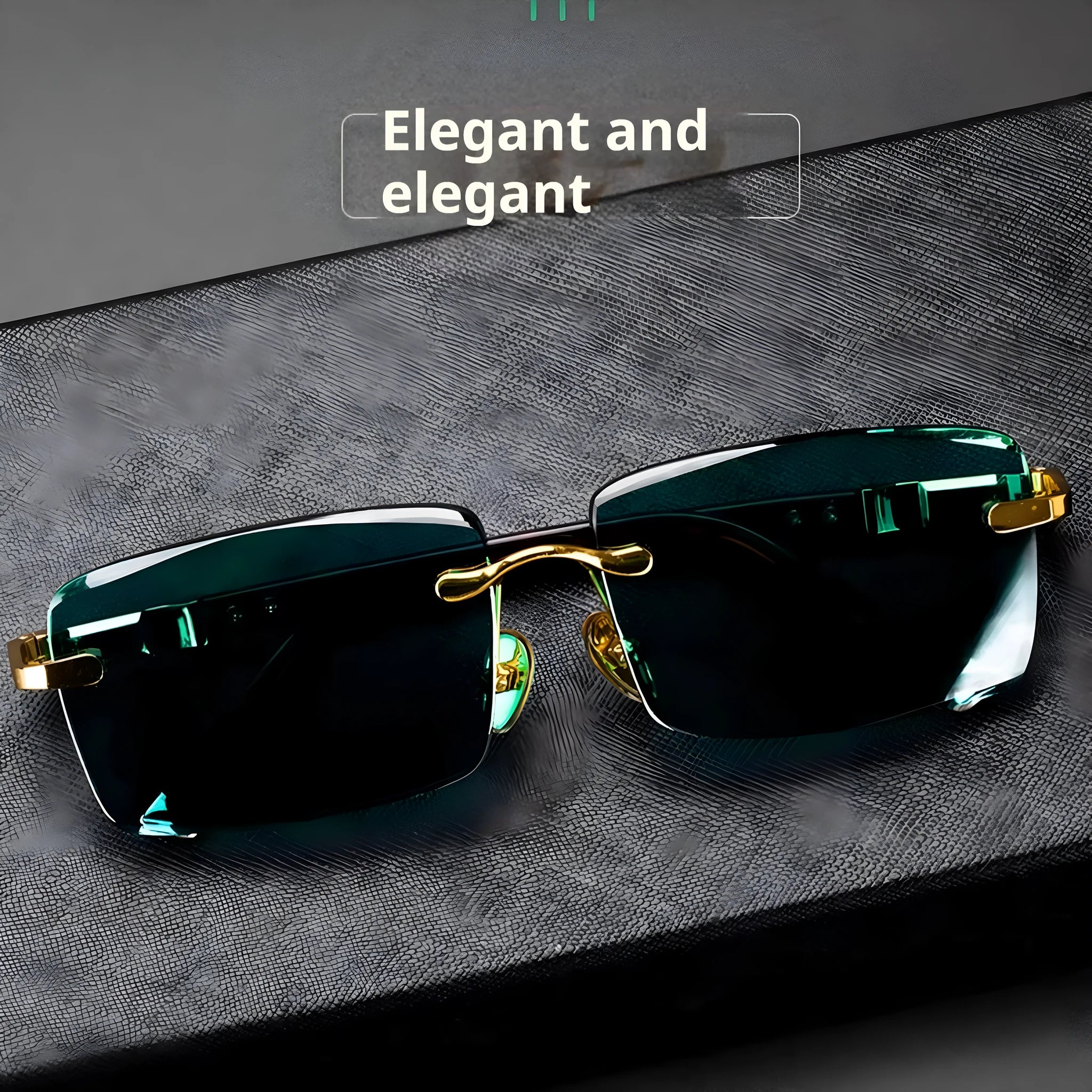 Dark green frameless crystal sunglasses with a glasses case and lens cloth.