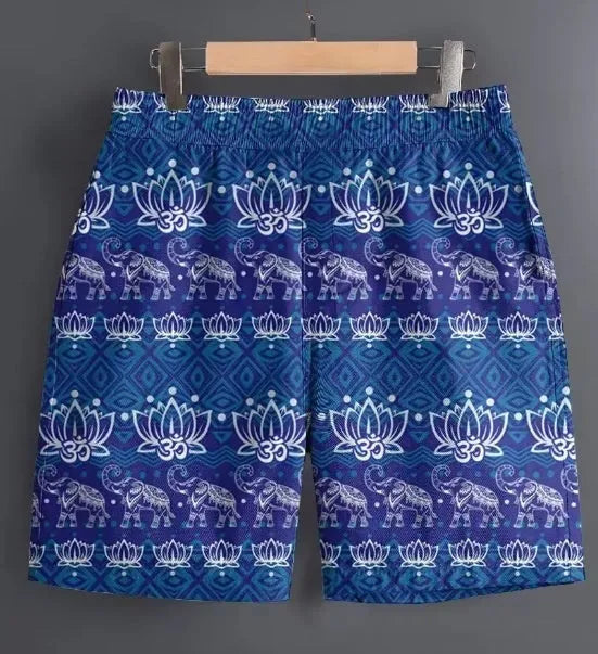 Men's casual polyester shorts in camouflage print, laid flat to show size and pattern.