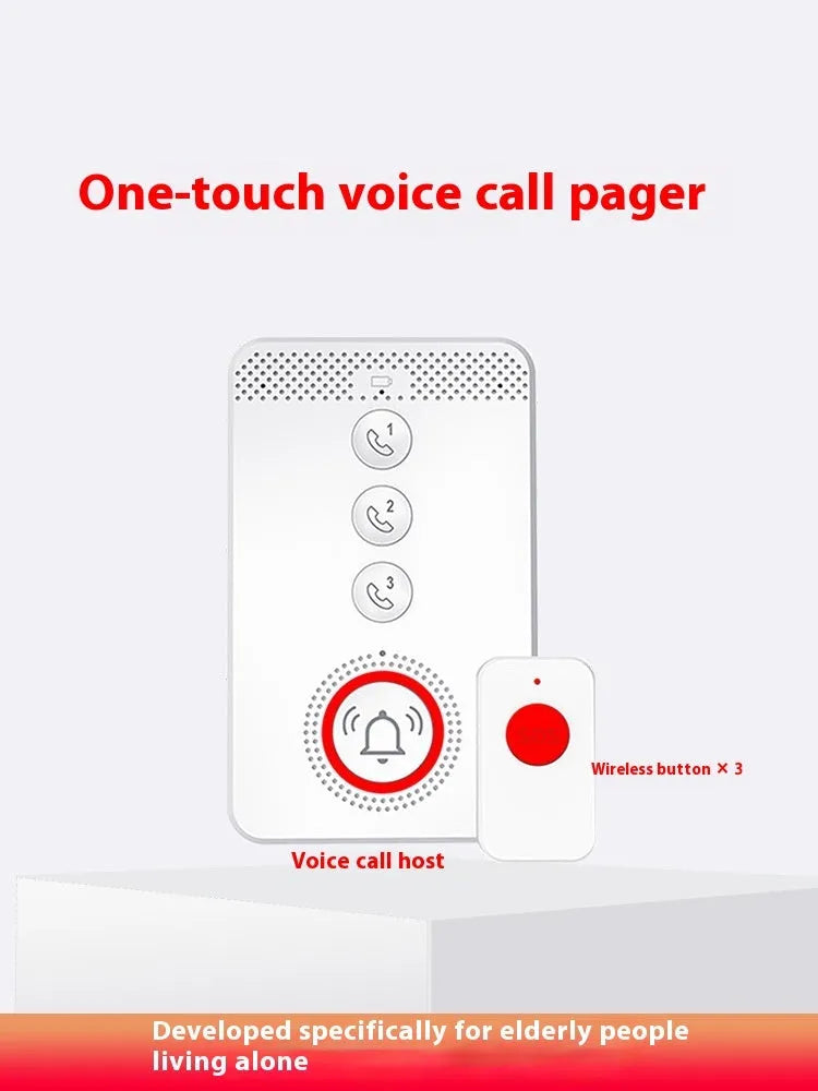 White emergency alert system with one buzzer unit and three wireless call buttons for elderly care
