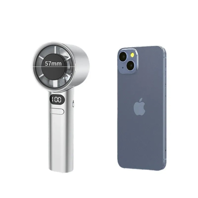 USB-powered handheld fan with variable speed control in green, silver, khaki, or white colour.