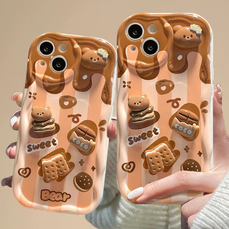 White silicone phone case with chocolate bear doll lanyard for iPhone, cream pattern, anti-fall protection