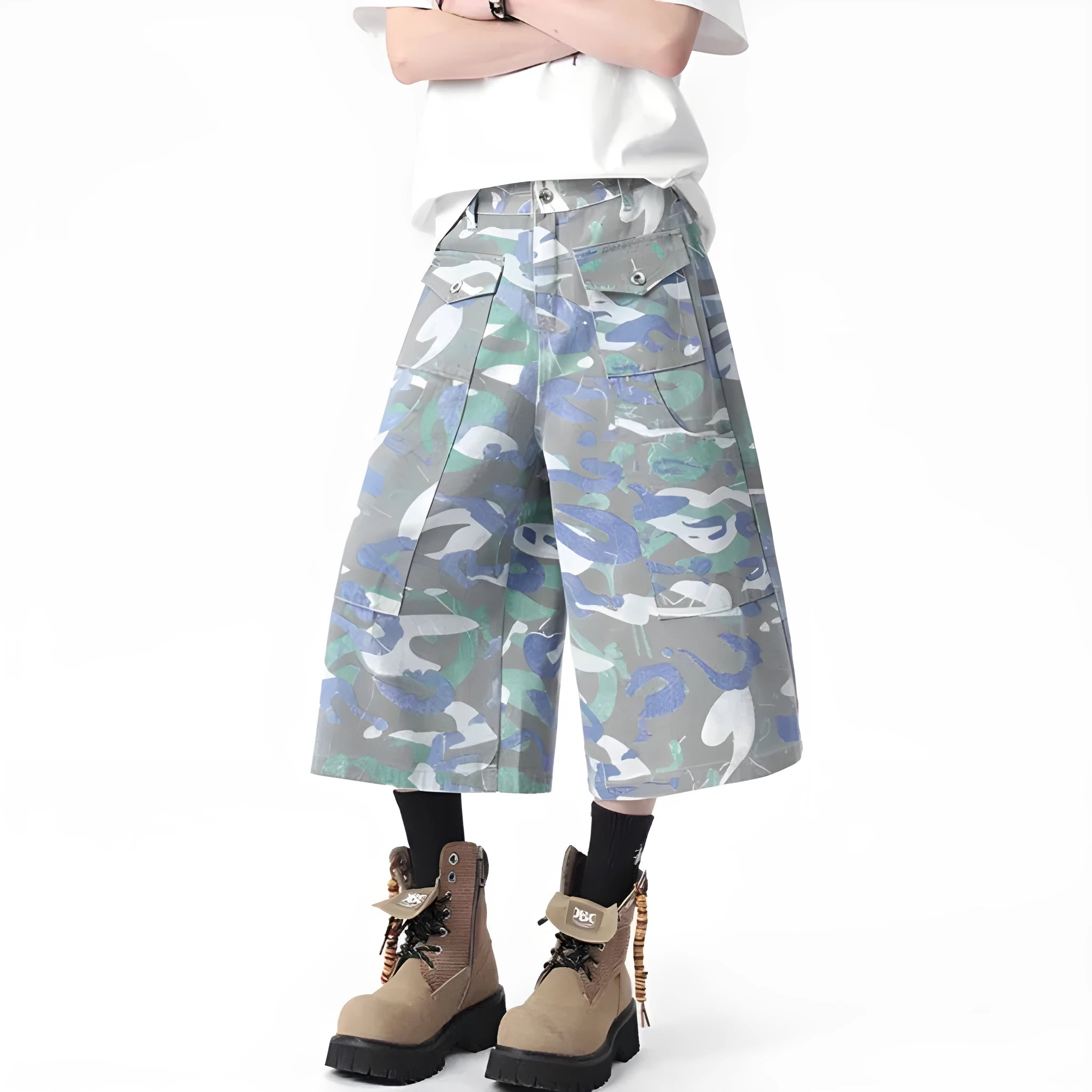 Men's camouflage cropped denim trousers with straight leg and workwear pocket styling