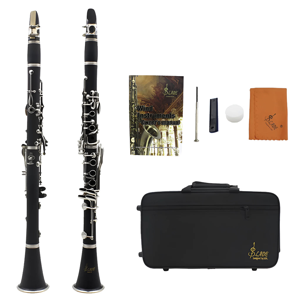 Black beginner clarinet with 17 nickel-plated keys and carrying bag