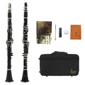 Black beginner clarinet with 17 nickel-plated keys and carrying bag