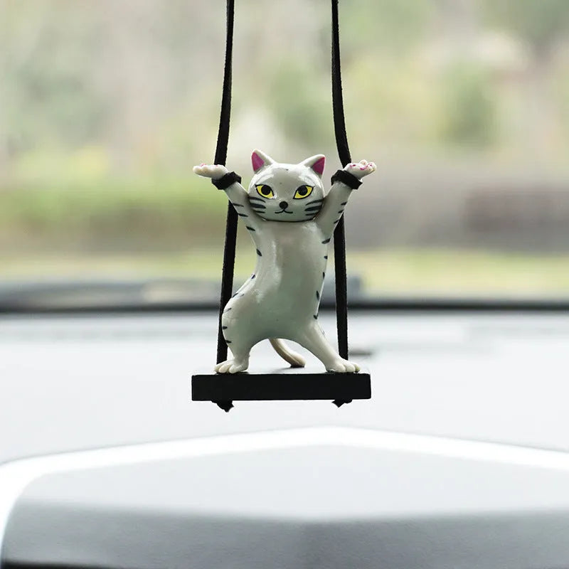 Cartoon resin cat pendant for car interior on a 25 cm adjustable rope, in black, white, flower, grey, or brown colour.