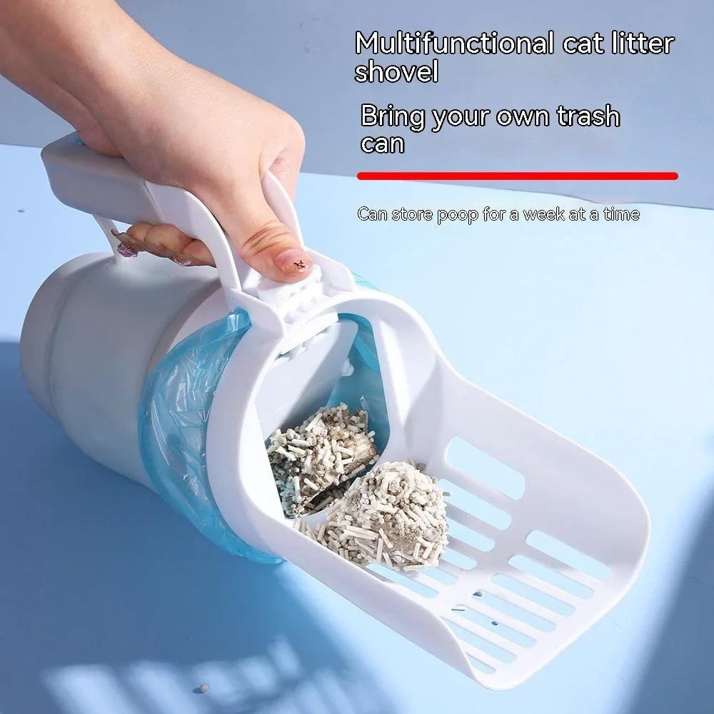 Grey foldable cat litter scoop with waste collection lid and refill bags for pet cleanup