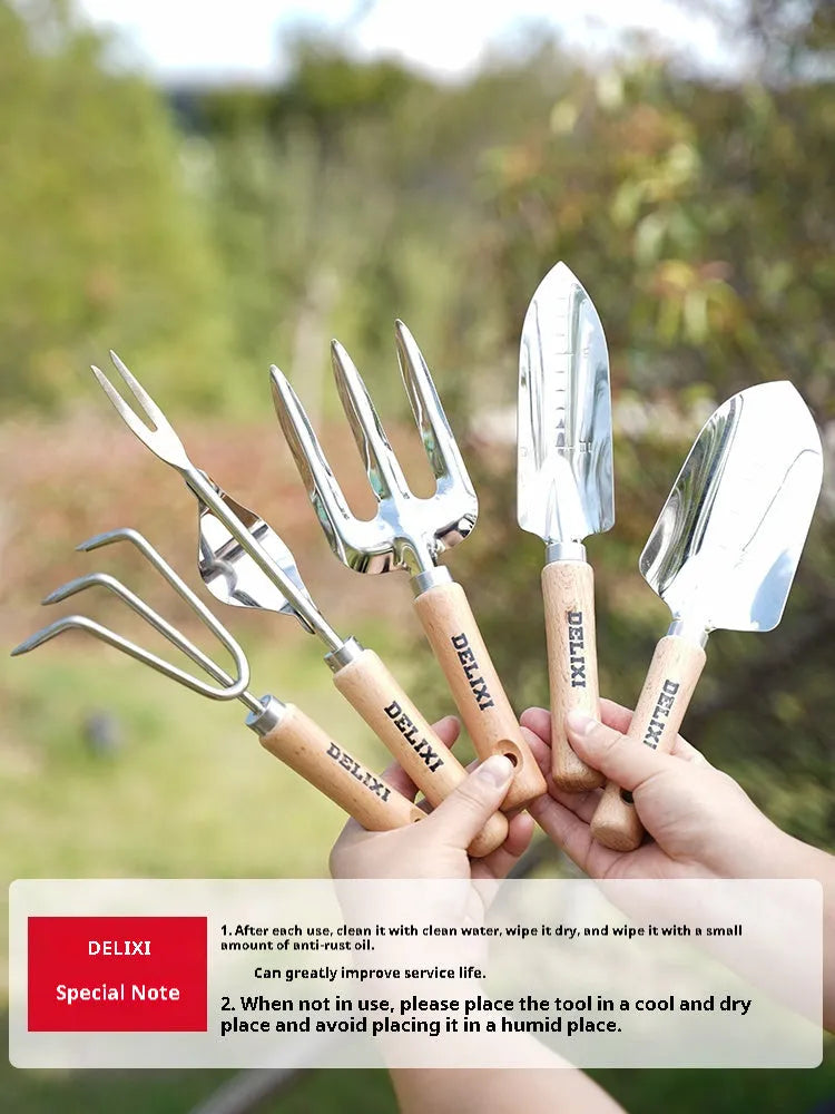 Gardening tool set with stainless steel shovels and rake, solid wood handles