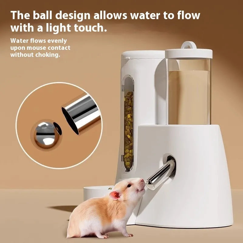 A white, blue, or pink plastic automatic water feeder and food basin for hamsters, available in large or small size.