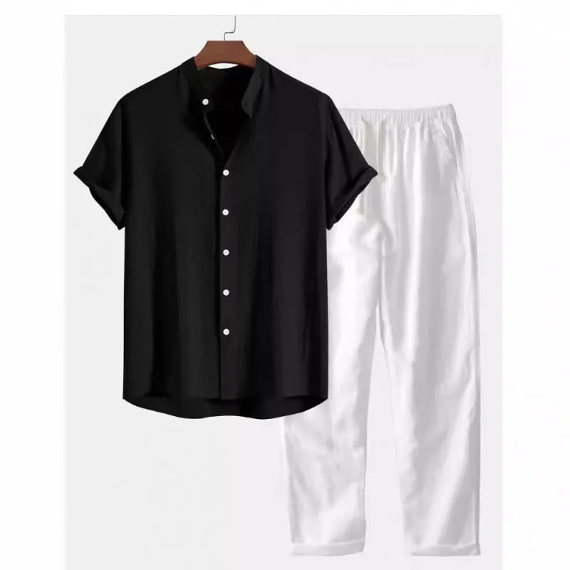 Men's light coloured linen-look casual short sleeve shirt and trouser two-piece suit set on a hanger.