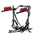 Black and red car boot mounted bicycle rack with protective sponge padding