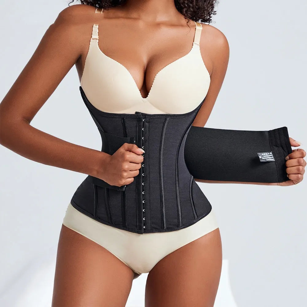 Nylon belly band waist training belt with adjustable tie in black and apricot colour options