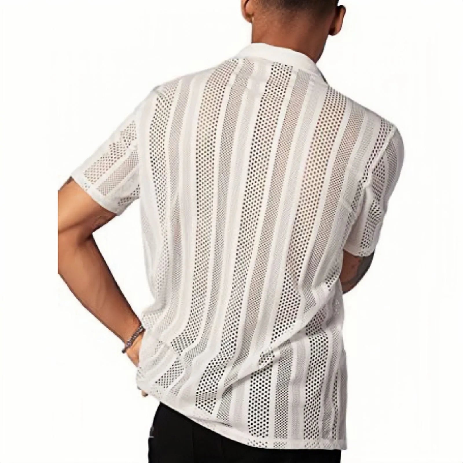 Man wearing a black knitted short-sleeved button shirt cardigan with a jacquard texture.