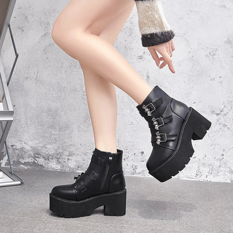 Black women's Harajuku punk gothic short boots with bat buckle and side zip.