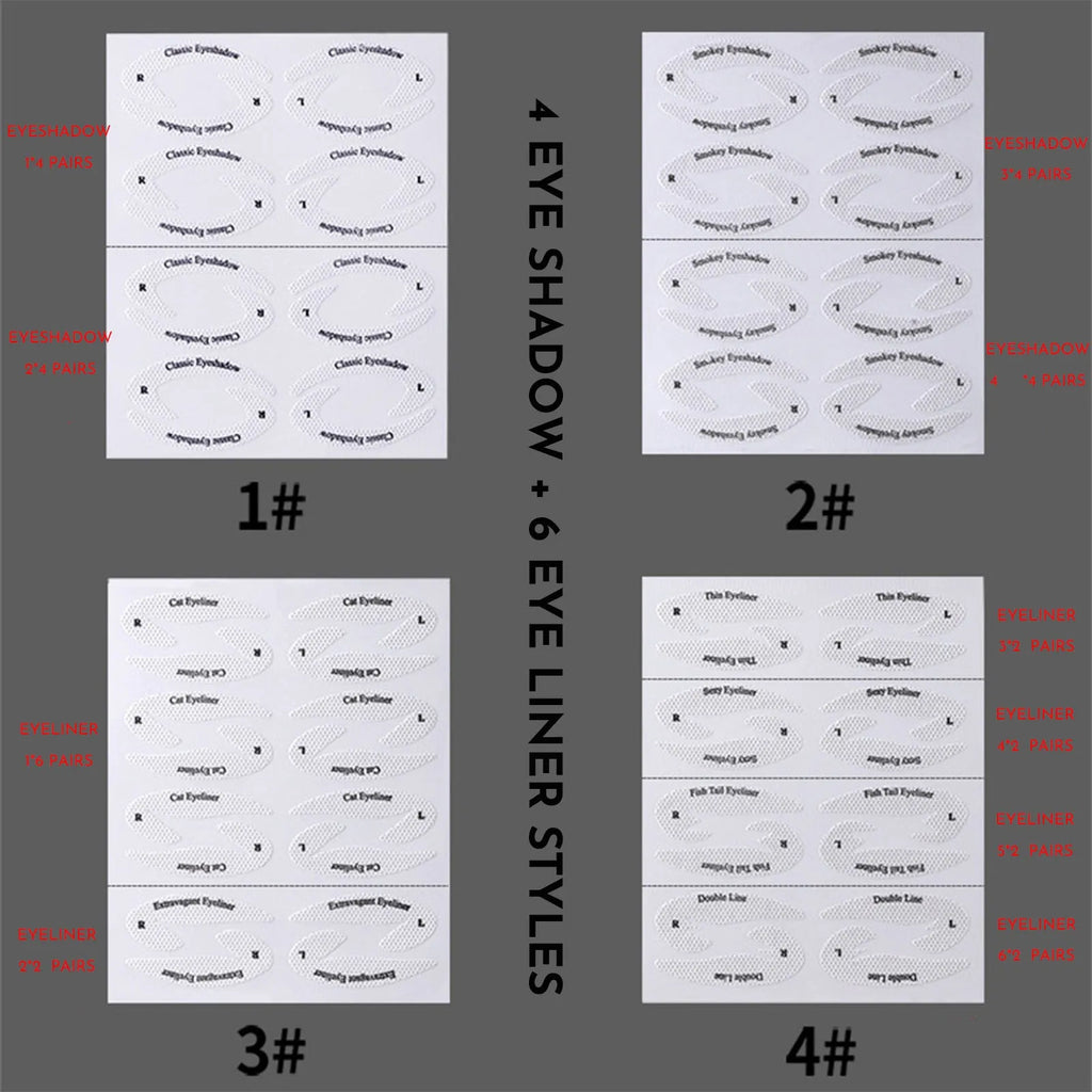 Four reusable eyeliner sticker templates for eye makeup application on pink background