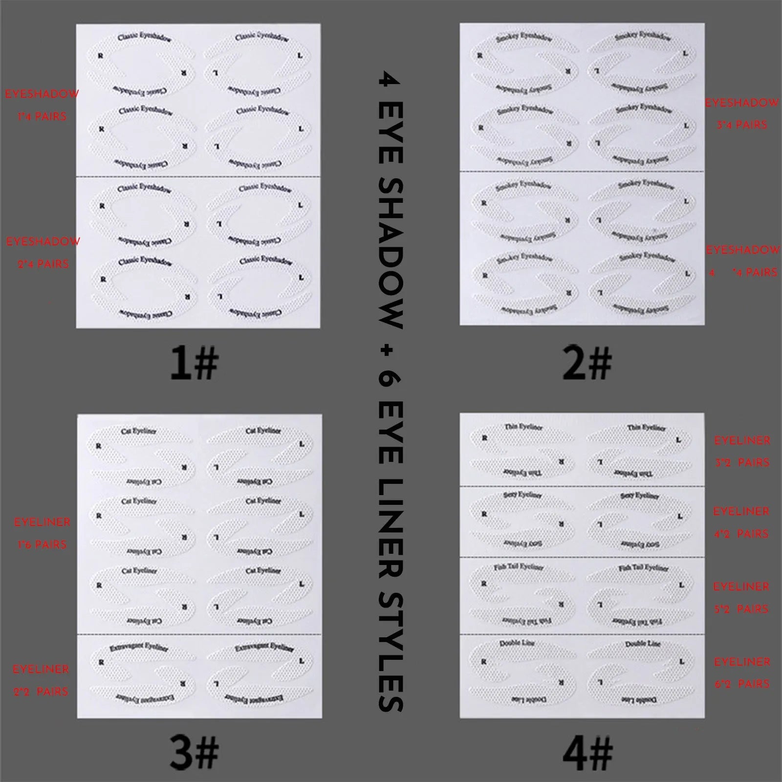 Four reusable eyeliner sticker templates for eye makeup application on pink background
