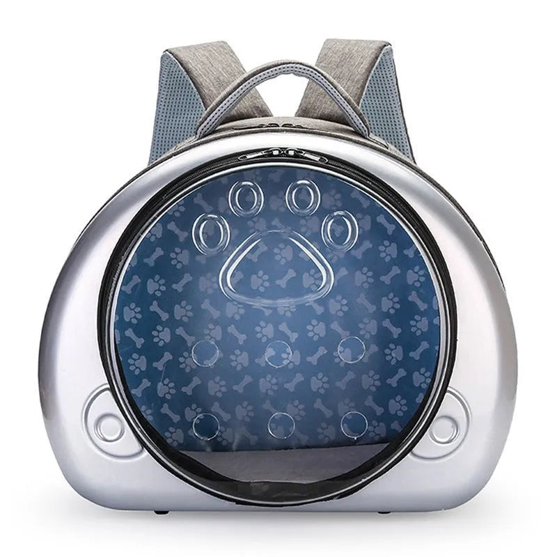 Transparent PC canvas cat carrier bag in space capsule shape with rose gold front cover.