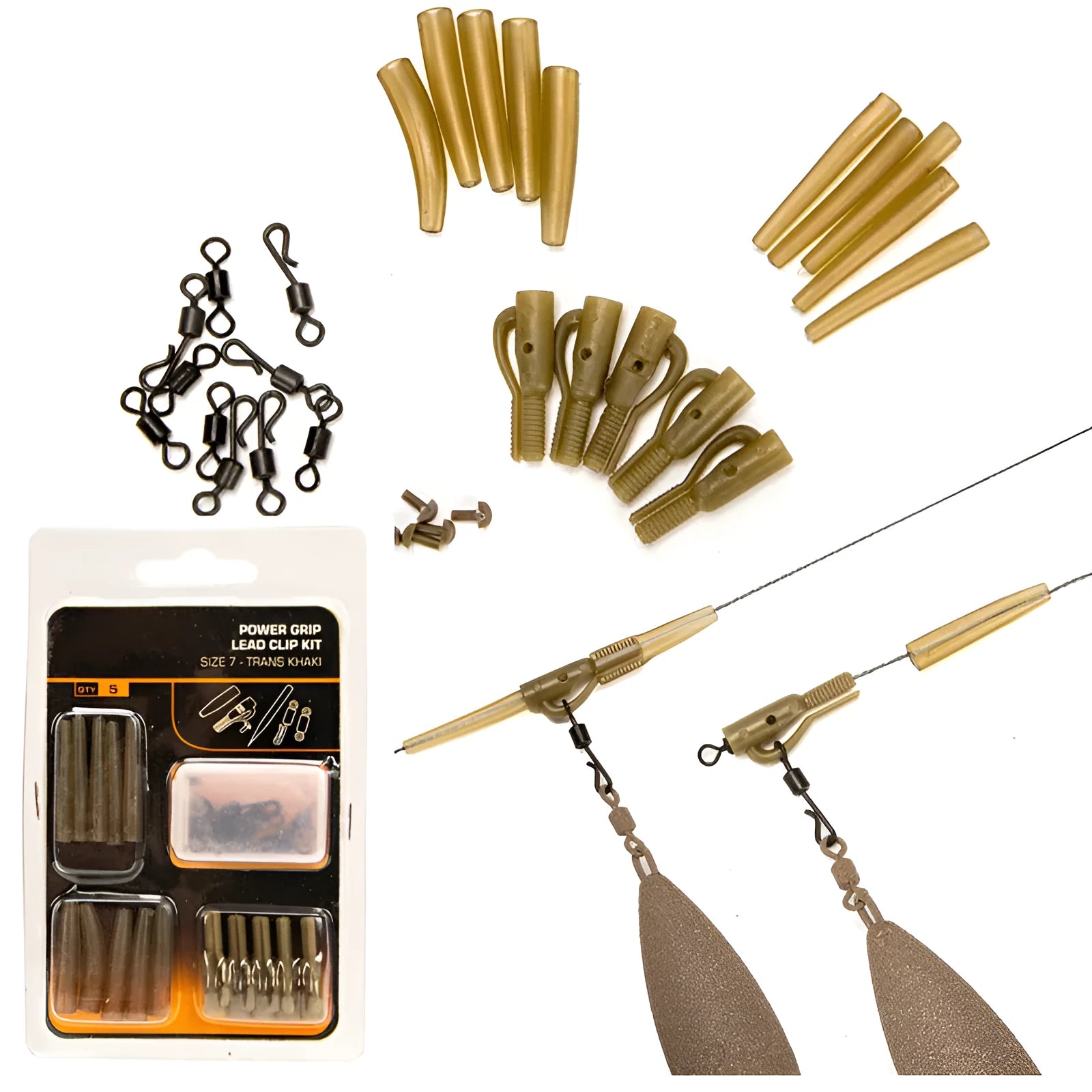 30-piece European carp fishing accessory set showing anti-winding pipes, threaded hoses, rotation pieces and screws