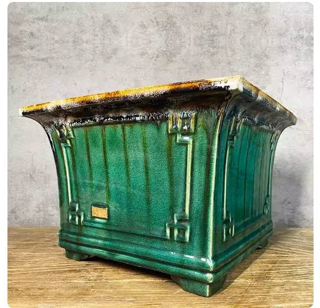Square ceramic glazed flower pot for phalaenopsis large size 36 Shiwan green crackle glaze