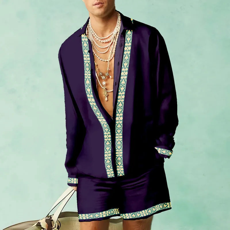 Men's casual summer shirt and shorts set in colour matching polyester slim fit