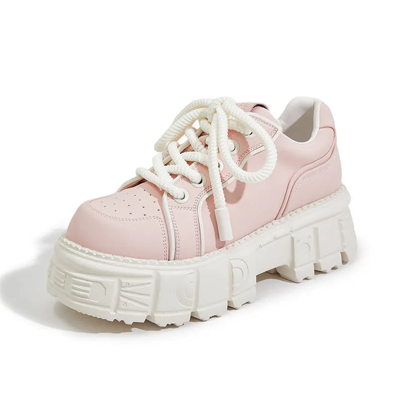 Women's beige muffin bottom leather casual shoes with wedge heel on white background