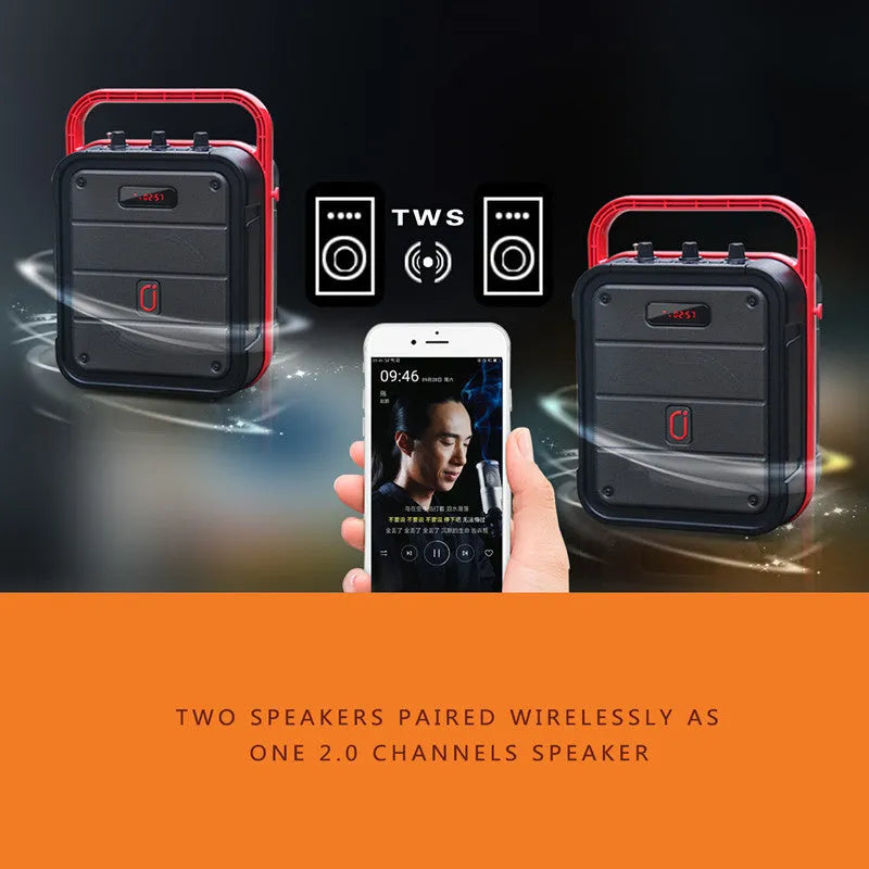 MS62AI portable Bluetooth speaker with wireless microphone showing control buttons and 6.5 inch size