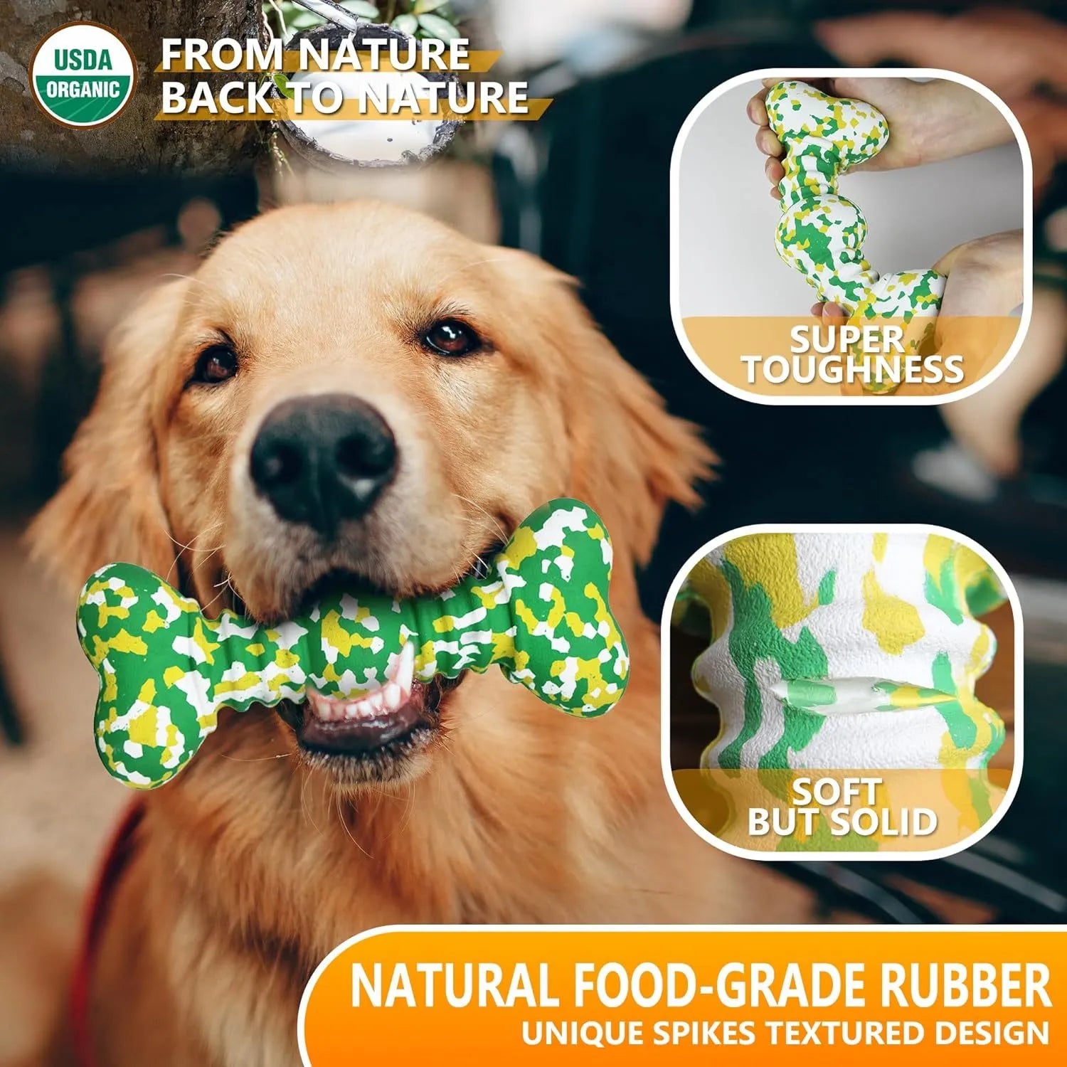 Green and white camouflage pattern natural rubber bone chew toy for large dogs on a wooden floor.
