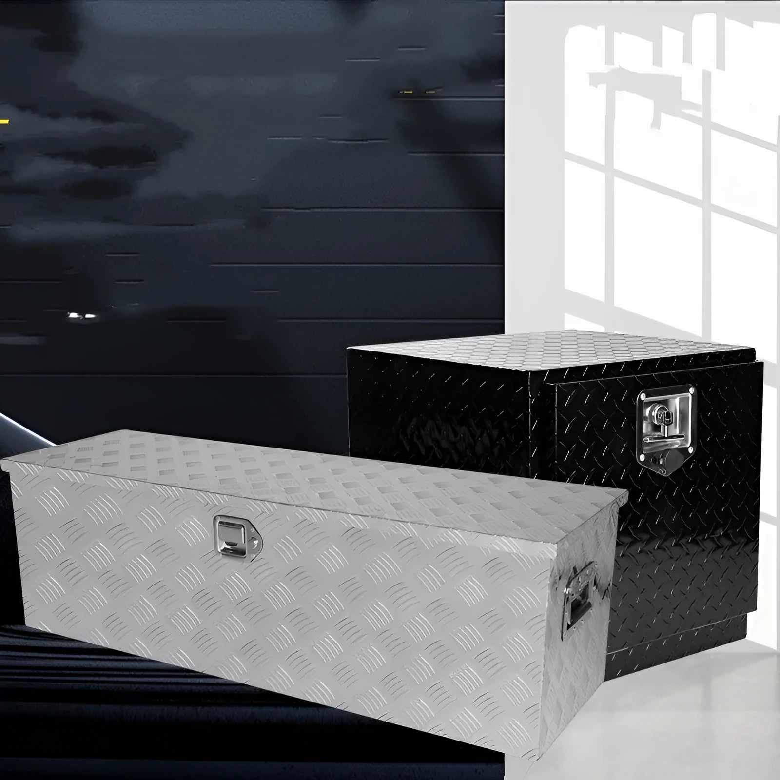 Black 26-inch aluminium alloy toolbox with T-casting construction and organiser compartments.