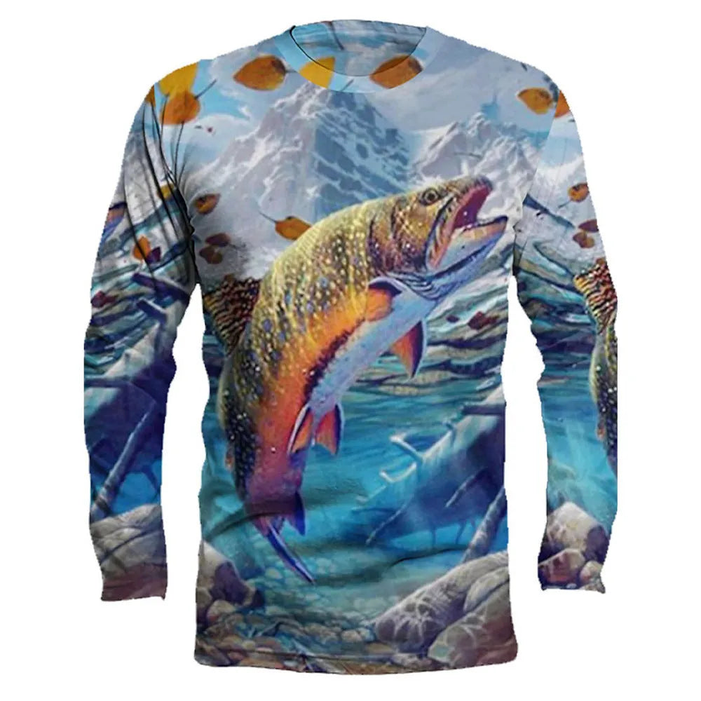 Men's grey pullover top with a colourful fish print design on the long sleeves.